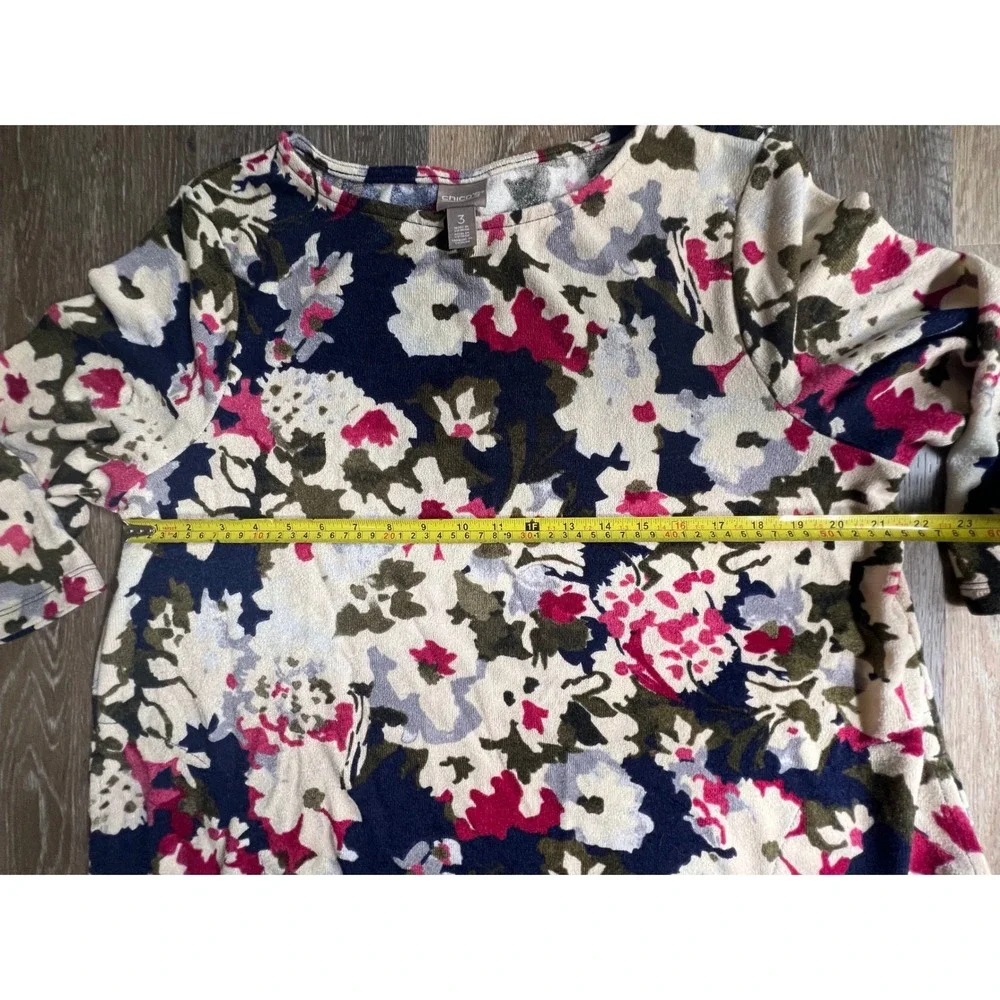 Chico's Floral Knit Top Women‎ 3 XL Multi-Color 3/4 Sleeve Boat Neck Botanical